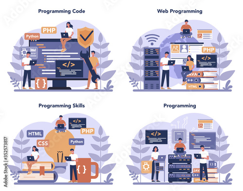 Programming concept set. Idea of working on the computer, coding,