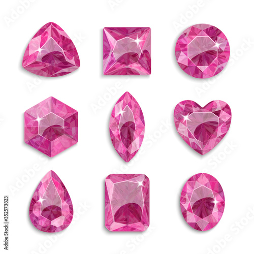 Gems of different shapes. Set of pink crystals. Jewelry. photo