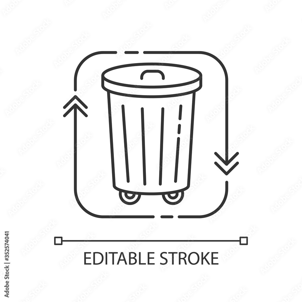 Waste disposal pixel perfect linear icon. Recycle garbage. Reduce trash. Environmental pollution. Thin line customizable illustration. Contour symbol. Vector isolated outline drawing. Editable stroke Waste disposal pixel perfect linear icon. Recycle garbage. Reduce trash. Environmental pollution. Thin line customizable illustration. Contour symbol. Vector isolated outline drawing. Editable stroke