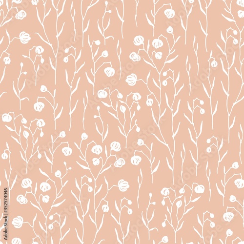 Wildflowers hand drawn silhouette, floral seamless pattern with white flowers on coral color. Vector meadow background in vintage style.
