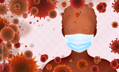 3D female portrait in a medical mask against the background of bacteria, viruses, spores and dust.