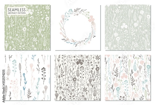 Floral set of silhouette flowers on seamless pattern with wildflowers and circle frame for your design. Vector meadow hand drawn illustration in vintage style pastel colors.