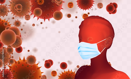3D female portrait in a medical mask against the background of bacteria, viruses, spores and dust.