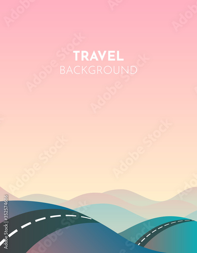 Road cartoon mountains, great design for any purposes. Travel landscape illustration. Road through mountains. Spring season. Nature landscape. Adventure travel. Rural scene. Road trip. Game design