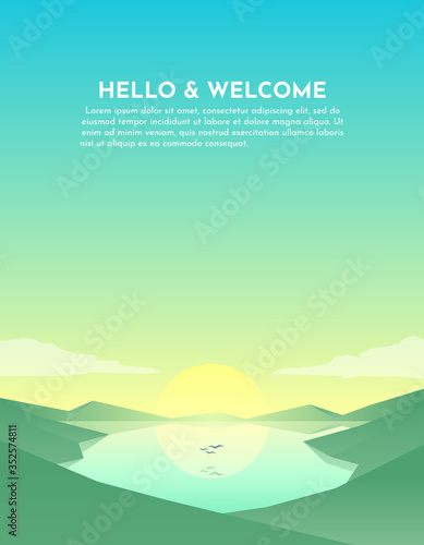 Abstract image of a sunset or dawn sun over the mountains at the background and river or lake at the foreground. Mountain landscape. Vector vertical illustration