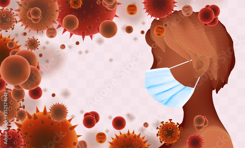 3D female portrait in a medical mask against the background of bacteria, viruses, spores and dust.