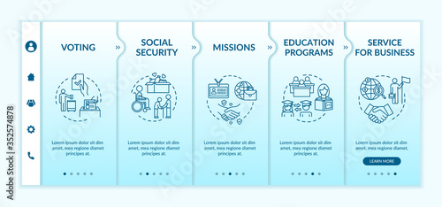 Social program onboarding vector template. Student exchange. Business service. International charity. Responsive mobile website with icons. Webpage walkthrough step screens. RGB color concept