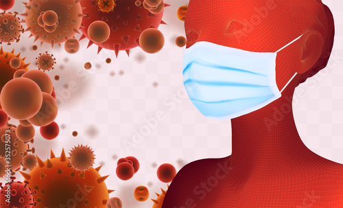 3D female portrait in a medical mask against the background of bacteria, viruses, spores and dust.