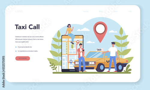 Taxi service web banner or landing page. Yellow taxi car.