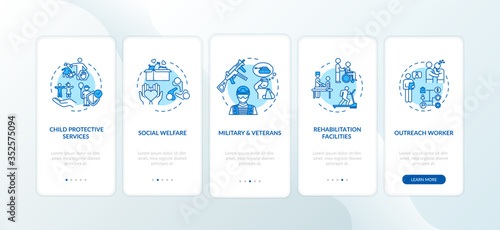 Social health care onboarding mobile app page screen with concepts. Help with mental and physical health walkthrough 5 steps graphic instructions. UI vector template with RGB color illustrations