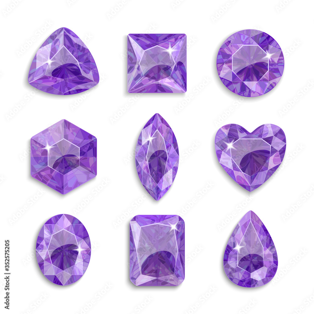 Fototapeta premium Gems of different shapes. Set of violet crystals. Jewelry.
