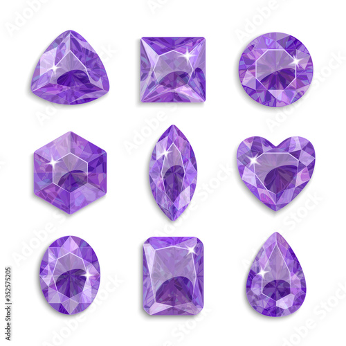 Gems of different shapes. Set of violet crystals. Jewelry.