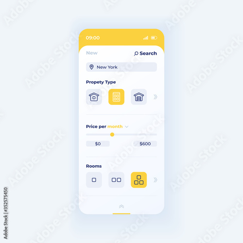Property type search smartphone interface vector template. Mobile app page white design layout. Accomodation parameters screen. Flat UI for application. Select options for apartment. Phone display