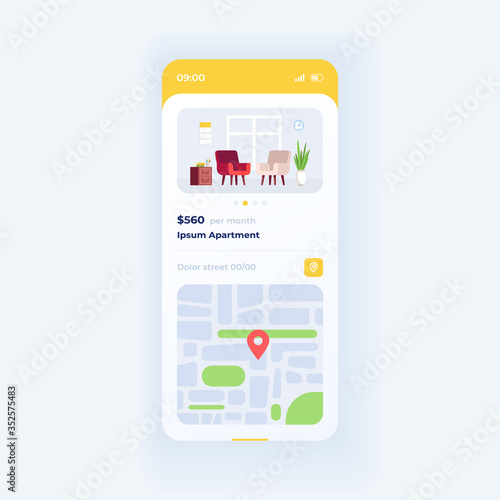 Apartment parameters smartphone interface vector template. Mobile app page white design layout. Renting accomodation cost screen. Flat UI for application. Housing for buying. Phone display