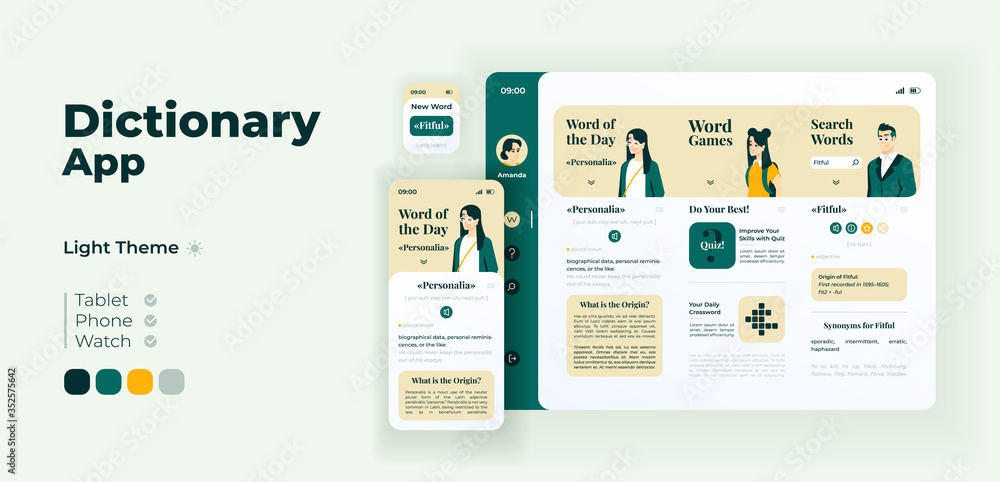 Fun learning app screen vector adaptive design template. Word quizzes. Online dictionary application night mode interface with flat characters. Smartphone, tablet, smart watch cartoon UI