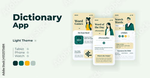 Vocabulary app cartoon smartphone interface vector templates set. Mobile app screen page day mode design. Word games, online dictionary. UI for application. Phone display with flat character