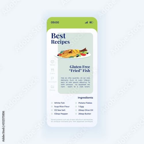 Fish dish smartphone interface vector template. Mobile app page light design layout. Best recipe. Gluten free fried seafood screen. Flat UI for application. Meal preparation. Phone display