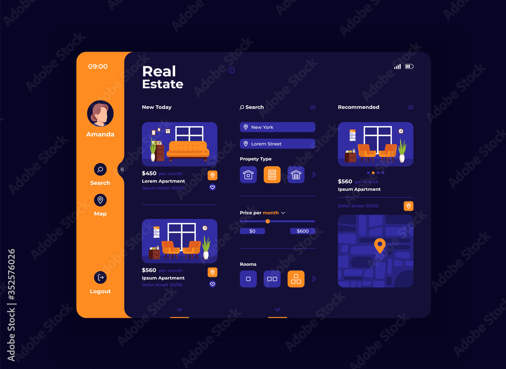 Real estate furnishing tablet interface vector template. Mobile app page night mode design layout. Apartment for sale choice screen. Flat UI for application. Portable device display