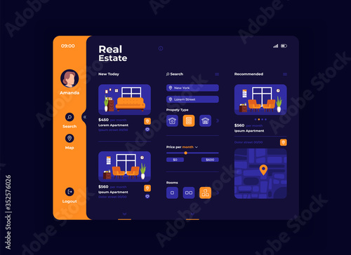 Real estate furnishing tablet interface vector template. Mobile app page night mode design layout. Apartment for sale choice screen. Flat UI for application. Portable device display
