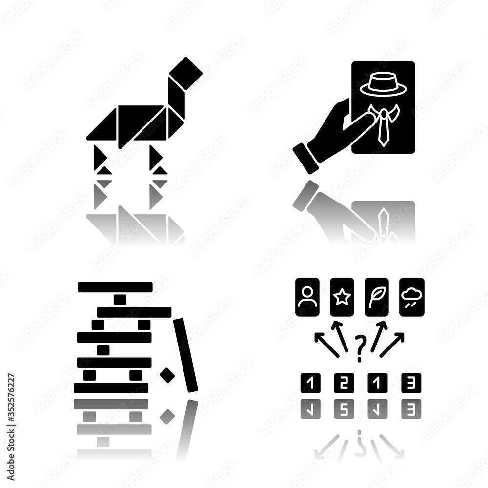 Tabletop games drop shadow black glyph icons set. Different recreational activities, entertaining pastime. Tangram, wooden blocks and guess games. Isolated vector illustrations on white space Tabletop games drop shadow black glyph icons set. Different recreational activities, entertaining pastime. Tangram, wooden blocks and guess games. Isolated vector illustrations on white space