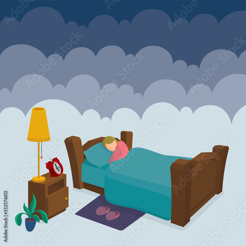 Sleeping woman in bed with clouds on background. Female peacefully resting in her bad. Good night sleep concept metaphor.  Part of set.