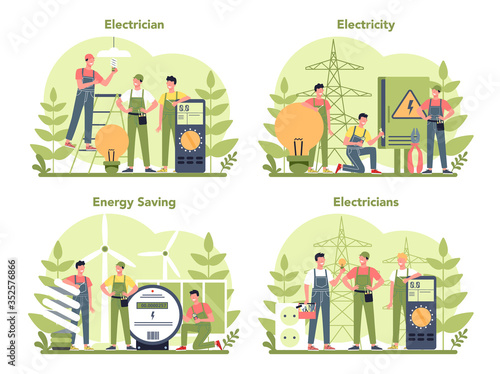 Electricity works service concept set. Professional worker in the