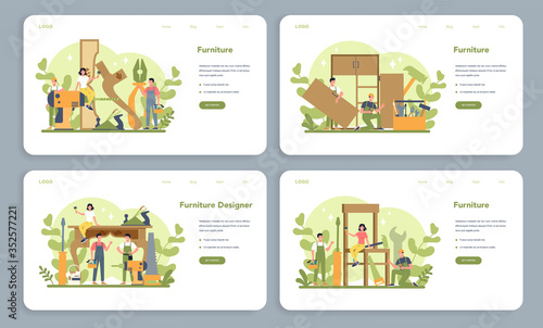 Wooden furniture maker or designer web banner or landing page set.