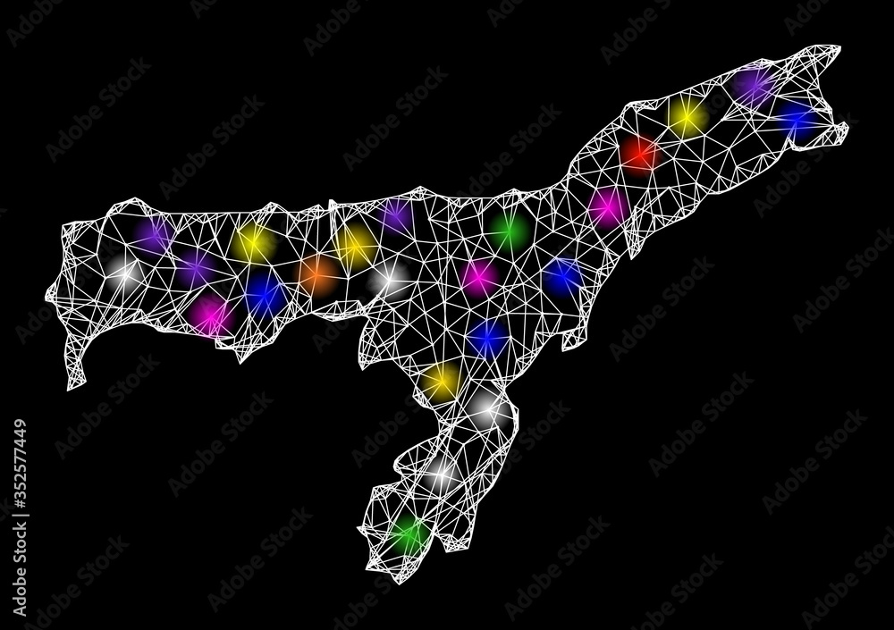 Web mesh vector map of Assam State with glare effect on a black ...