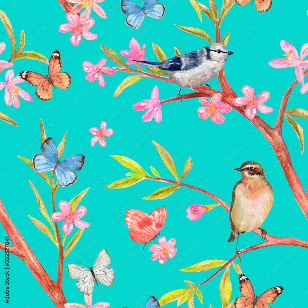 seamless texture with nature of spring forest. cute birds and butterflies. watercolor painting