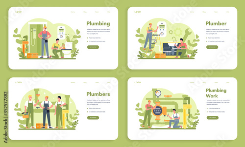 Plumbing service web banner or landing page set. Professional repair