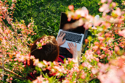 Top view on a woman working on her laptop in a blooming bush.