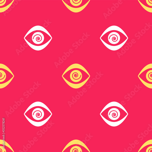Yellow Hypnosis icon isolated seamless pattern on red background. Human eye with spiral hypnotic iris. Vector Illustration.