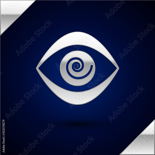 Silver Hypnosis icon isolated on dark blue background. Human eye with spiral hypnotic iris. Vector Illustration.