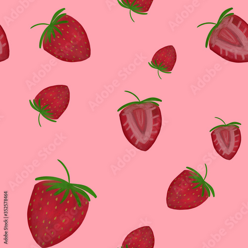 Fototapeta Naklejka Na Ścianę i Meble -  seamless pattern with red strawberries on red background. hand drawing. Summer print. Sweets, dessert, packaging, wallpaper, textile, fabric design