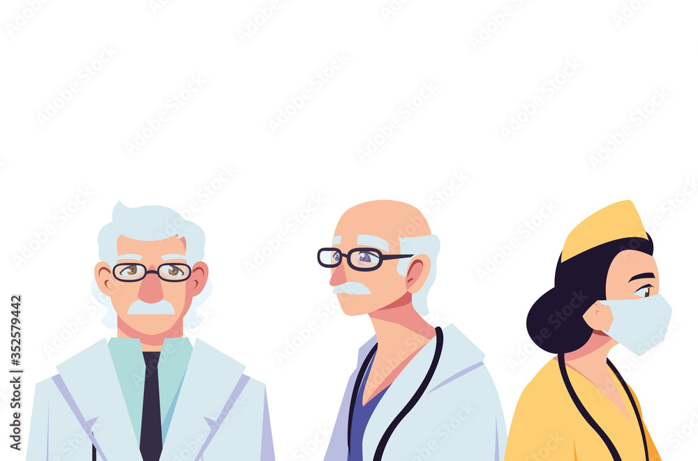 female and male doctors with uniforms and masks vector design female and male doctors with uniforms and masks vector design