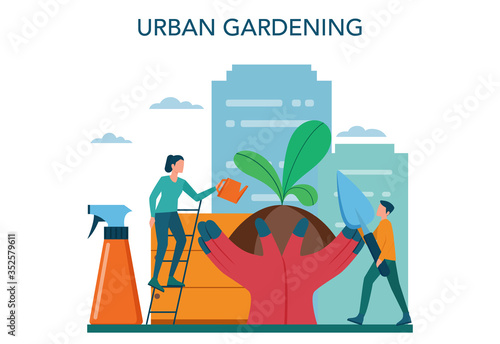 Urban farming or gardening concept. City agriculture. People planting