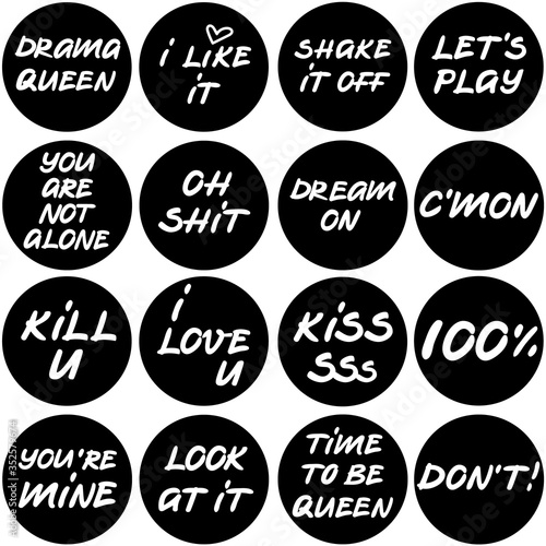 Funny stickers set in vector, lettering in round shapes labels for web, messengers, banners, prints, t-shirt design elements. Funny and flirty phrases for everyday communication with friends