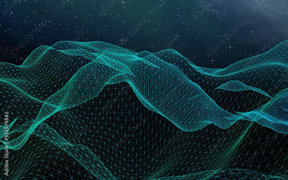 Fototapeta premium Abstract landscape on a dark background. Cyberspace grid. hi tech network. Outer space. Starry outer space texture. 3D illustration