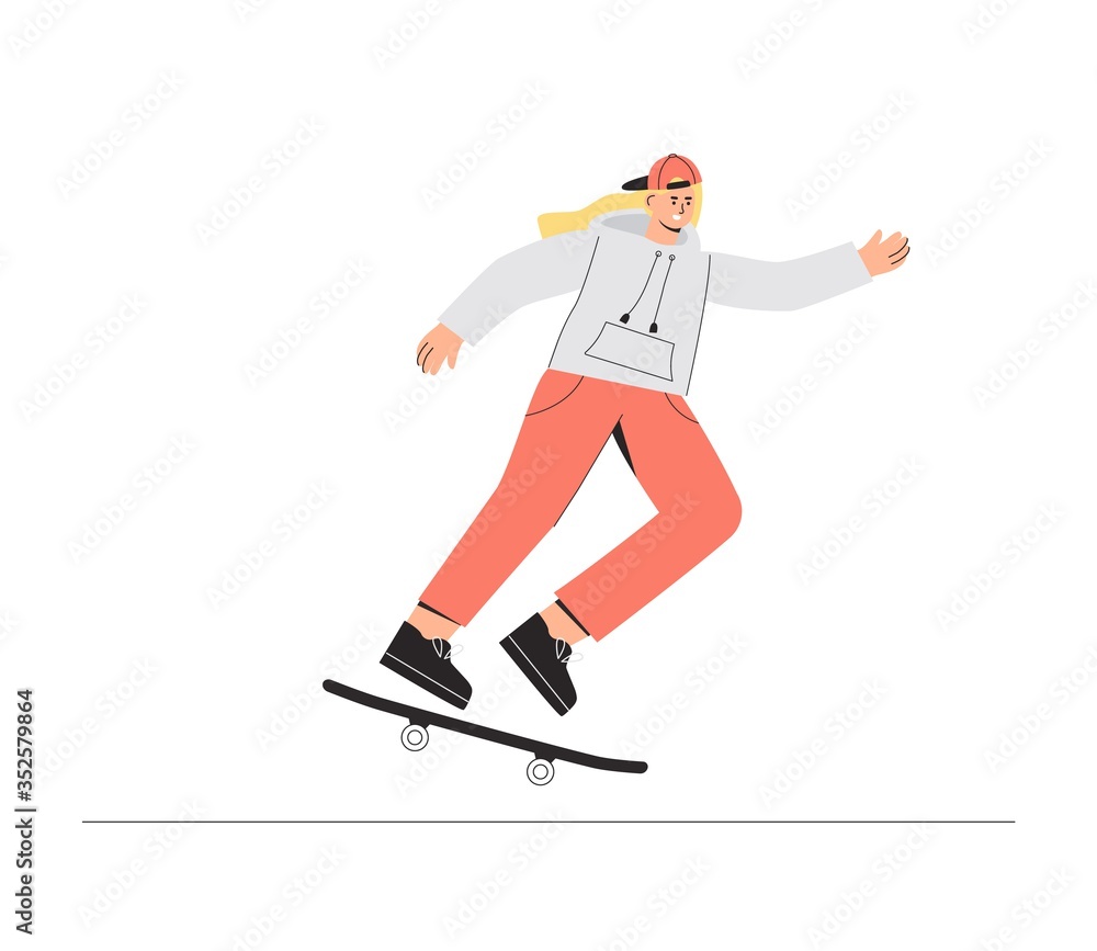 Obraz premium Young happy smiling Girl skateboarder rides a skateboard. Vector illustration in a flat style on a white background.