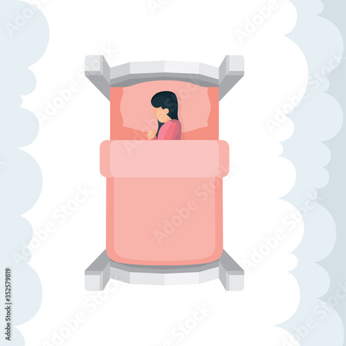 Sleeping woman in bed top view vector illustration isolated on white background. Cartoon style female character peacefully resting in her bad. Good night sleep concept metaphor.  Part of set.