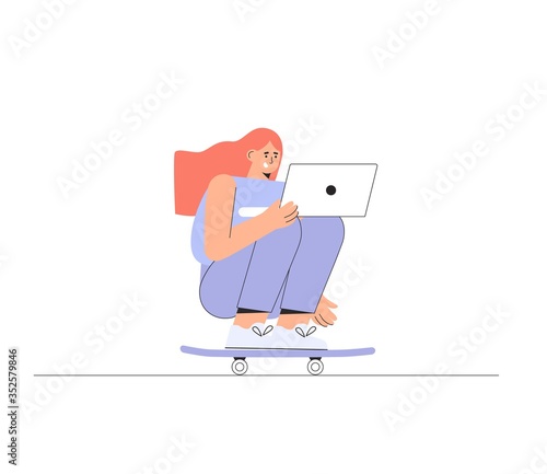 Girl skateboarder with notebook rides a skateboard on the background of a city park. Vector modern illustration in flat style.