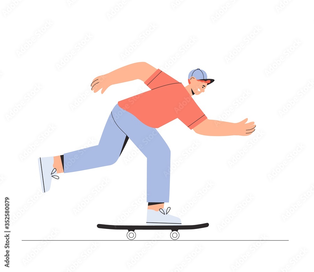 Fototapeta premium Young happy smiling boy skateboarder is riding on a skateboard. Vector illustration in flat style on white background.