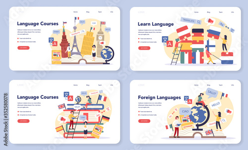 Language learning web banner or landing page set. Study foreign