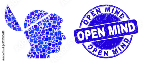 Geometric open mind mosaic icon and Open Mind seal stamp. Blue vector rounded scratched seal with Open Mind caption. Abstract composition of open mind made of spheric, tringle,