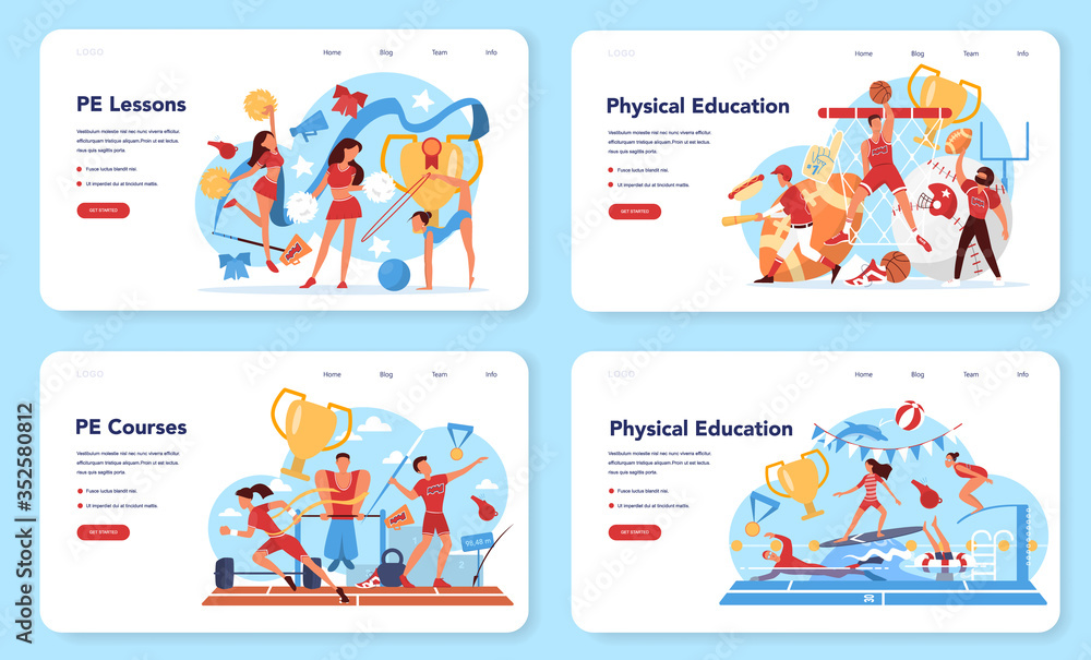 Physical education lesson school class web banner or landing page set.