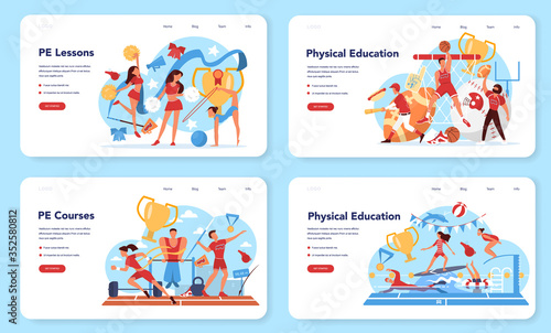 Physical education lesson school class web banner or landing page set.