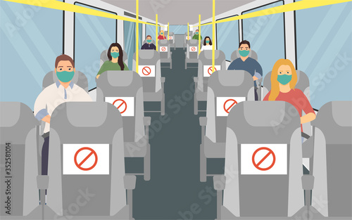 bus seating with social distance. man and woman in face mask. vector illustration