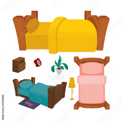 Bed. Cartoon style wooden bed vector illustrations set. Bed views in different sides. 