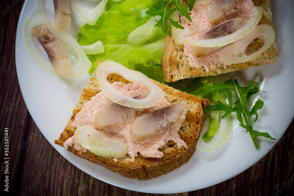 sandwich with salad, herring and herbs with onions in a plate sandwich with salad, herring and herbs with onions in a plate