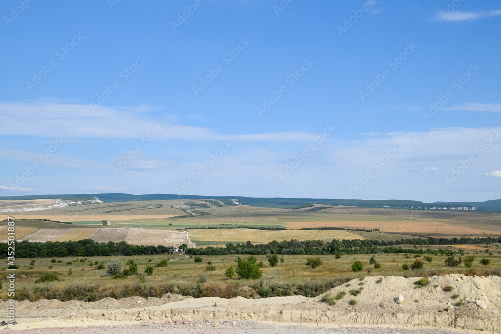Crimean landscapes, driving on roads of Crimea. Suburbs and villages and fields and trails of The Crimea.